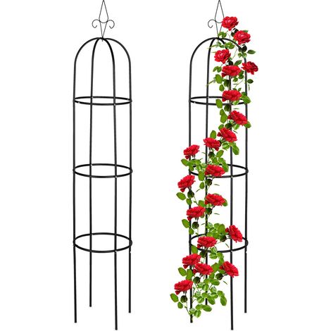 Relaxdays Rankhilfe Obelisk, 2er Set, 200 cm hoch, Ranksäule für Kletterpflanzen, Stahl, freistehend, Rosenturm, schwarz