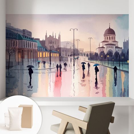 Papier peint intissé classique moderne pour salon et chambre à coucher Décoration rapide avec colle Promenade sous la pluie 104x70 cm (1/5)