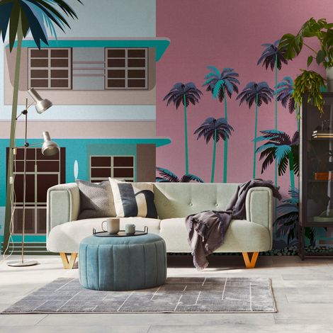 Fototapete Profhome 398931 heißgeprägte Vliestapete glatt mit architektonischen Motiven matt blau pink braun 3,71 m x 2,8 m