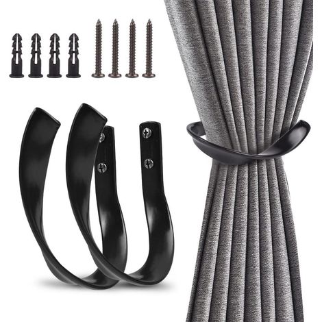 Patère de rideau décorative, lot de 2, en alliage d'aluminium noir, fixe-rideau mural, support de voilage pour fenêtre, finition moderne, robuste et élégante (1/5)