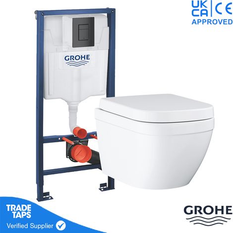 GROHE EURO Rimless Wall Hung Toilet WC Pan with GROHE 1.13m Concealed Cistern Dual Flush Frame - Phantom Black (1/5)