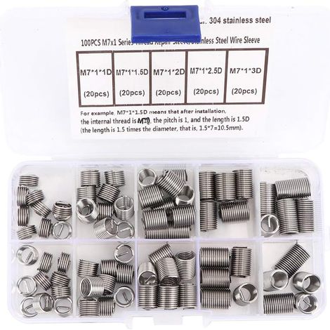 Kit de réparation de filetage M7 de 100 pièces avec inserts filetés roulés, ensemble de fixation de filetage interne en acier inoxydable pour filetages endommagés (1/5)