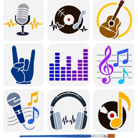 9Styles Pochoirs de Motifs Musicaux Avec Un Pinceau 15x15cm Notes Pochoir de Peinture Disques Pochoirs Dessin Pochoir Guitares Spectra Casques Microphones Modèle pour Décor Murale (1/5)