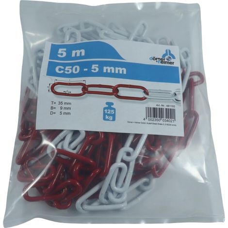 Dörner + Helmer Catena di bloccaggio, spessore 5 mm, lunghezza 5 m, in acciaio zincato, chiusura a sacchetto, a maglie lunghe, rosso/bianco