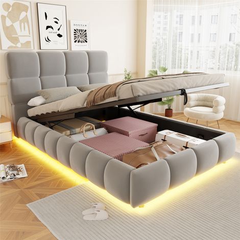 Lit à capitonnage 90x200 cm, sommier coffre hydraulique, tête de lit et côtés rembourrés, design épais et solide, revêtement velours gris, avec liseré LED lumineux. (1/5)