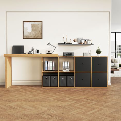 Bureau d'angle ajustable 360°, dessus en MDF robuste 4 cm, 4 tiroirs + 4 casiers, configuration en L ou droite, pieds stables, poste de travail polyvalent