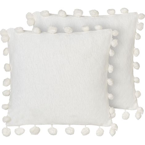 Conjunto de 2 cojines de tela de poliéster 45 x 45 cm hechos a mano con borlas blanco Jasmine