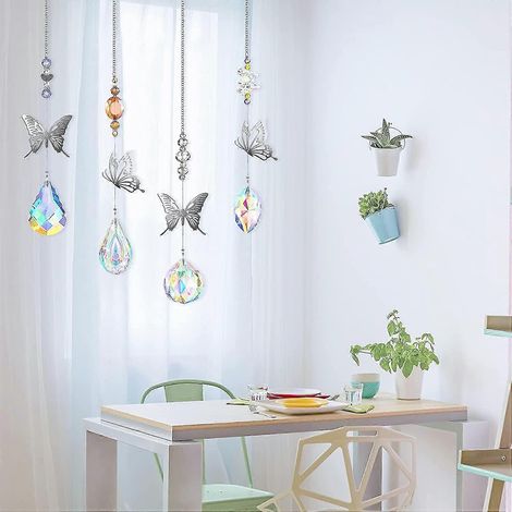 Ensemble de 7 attrape-soleil en cristal prismatique à suspendre à la fenêtre, avec pendentif papillon, libellule et ange créant un arc-en-ciel. (1/5)