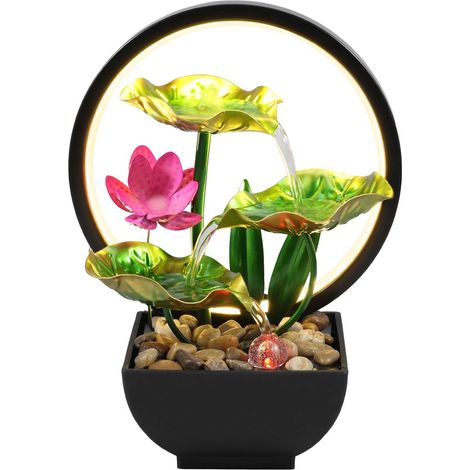 Fontaine table 3 niveaux forme feuille Petite fontaine eau rochers anneaux lumineux LED Fontaine bureau méditation relaxation maison (1/5)