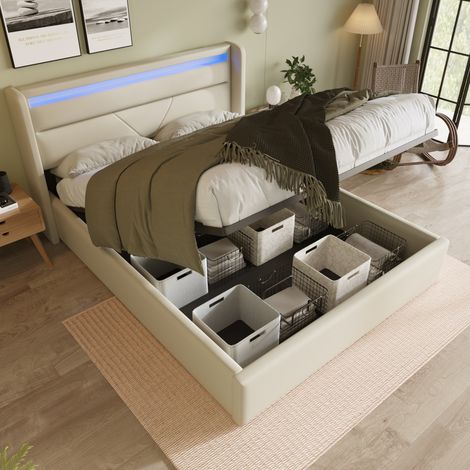Letto contenitore 160x200 cm bianco in PU con LED e testiera (1/5)