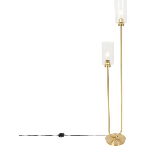 Qazqa – Lampadaire Art Déco doré 2 lumières – H 148 cm – Abat-jour en verre nervuré – Culot E27 – Luminosité variable – Pour salon, chambre, cuisine