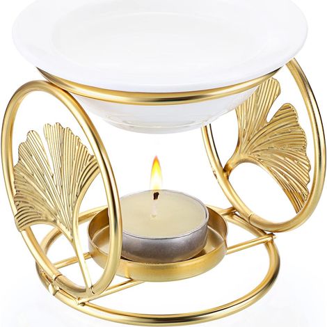 Brûleur d'huiles essentielles en métal céramique Brûleur de cire fondue Brûleur d'aromathérapie à quatre anneaux doré pour chambre, salon, salle de bain, yoga, spa