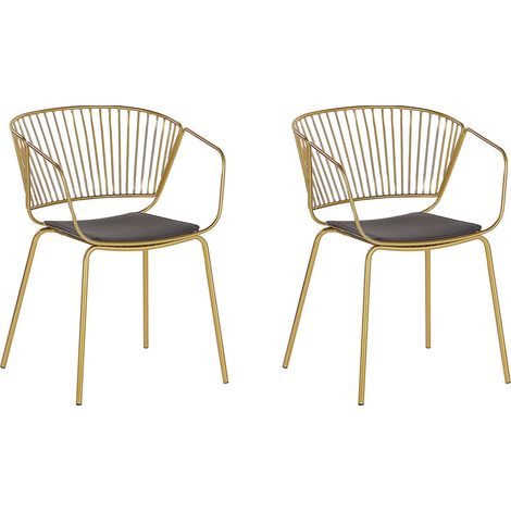 Conjunto de 2 sillas de comedor diseño de alambre metal dorado piel sintética cojín de asiento negro estilo industrial glam Rigby (1/5)