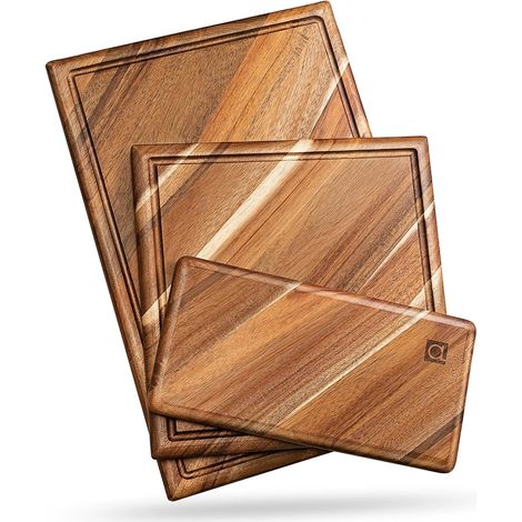 Ensemble de planches à découper en bois avec rainure à liquides (3 pièces) - Planches de cuisine en acacia, pour découper la viande, les légumes, le fromage - 100% bois naturel (1/5)