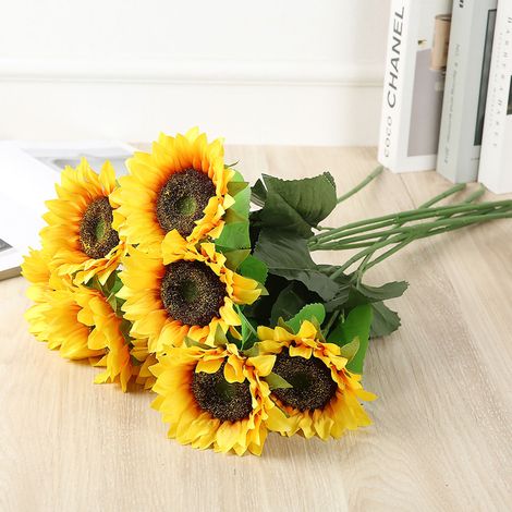 Tournesol artificiel en tissu de soie, fleur simulée, pour la décoration de la maison, du salon, des bouquets de mariée, accessoire à 7 branches (1/5)