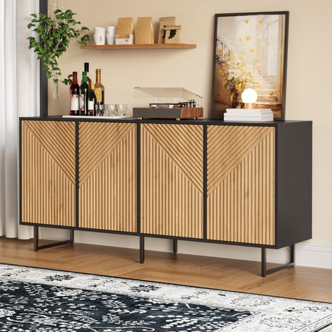 Credenza da soggiorno 160x40x75 cm naturale in truciolato e metallo con 4 ante, vani multipli e design scanalato (1/5)