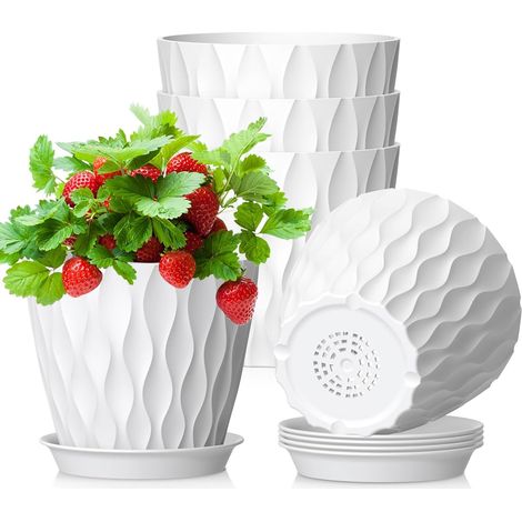 12.7cm Pot de Fleur Interieur, Lot de 5 Plastique Pot Plante avec Drainage et Soucoupes, Design Ondulé 3D Moderne, Pot Semis pour Succulentes, Cactus, Blanc (1/5)