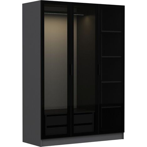 3-türiger Kleiderschrank Gerrei, Schlafzimmer-Schrank mit Kleiderstange, 5 Regalböden, 135x52 cm Anthrazitschwarz