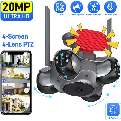 Caméra de surveillance WiFi extérieure 20 MP Ultra HD, 4 objectifs PTZ et 4 vues simultanées, grand angle, haut-parleur externe, détection de mouvement, vision nocturne infrarouge 25 m, audio bidirect (1/4)