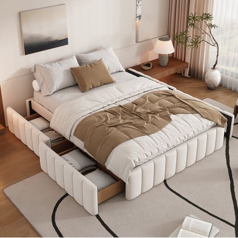 Lit 140/200 cm beige en velours avec 4 tiroirs et sommier à lattes (1/5)