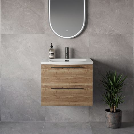 Napoli 390 Tobacco Oak 600mm Wall Mounted 2 Drawer Vanity Unit with Arc Basin - 600mm - Gunmetal Grey 320mm Handle