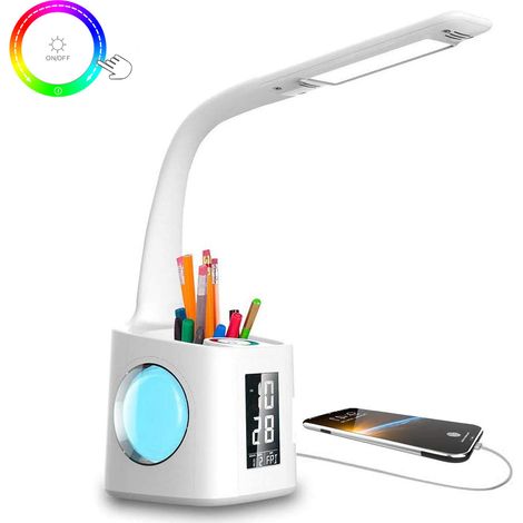 1 Lampe de bureau LED, variateur 3 niveaux, port USB, réveil, porte-stylo, calendrier, 256 couleurs, pour étude et lecture (1/5)