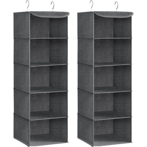 Lot de 2 Sacs Suspendus d'armoire, Pliable, Gain de Place, avec Crochets métalliques, Renfort en Bambou, Motif Lin, Gris (1/5)
