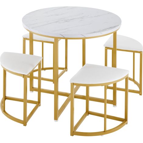 Conjunto de comedor redondo con 4 sillas de terciopelo MDF y metal dorado blanco HOMVRA (1/5)