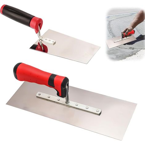 Lot de 2 truelles de maçon en acier inoxydable : truelle lissante en acier inoxydable avec truelle de nettoyage Set de spatules de plâtre avec poignée en caoutchouc, outil de stucage pour masses de (1/5)