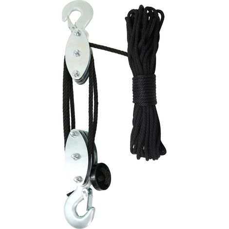 Système de poulies avec palan, poulie à roue en acier avec roulement pour camping, chasse, navigation de plaisance et levage, bricolage, 3 roues, 15 m, en acier noir, forme de crochet (1/5)