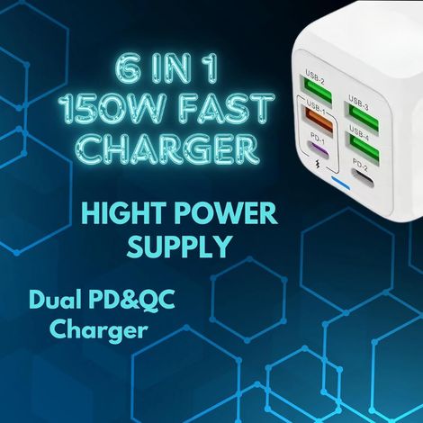 Caricabatterie da viaggio a 6 porte da 150 W con PD e QC per iPad, MacBook, tablet, compatibile con iPhone, Samsung Galaxy, Xiaomi, Google Pixel - ALTRO (1/4)