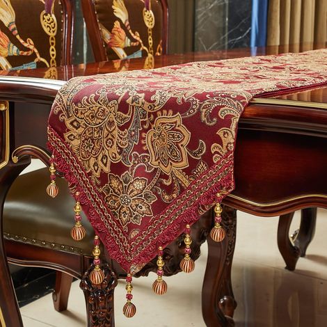 Chemin de Table Vintage en Tissu Jacquard brodé avec Plusieurs Glands pour Salle à Manger, Commode, décorations de fête, Thanksgiving (Rouge, 30,5 x 228,6 cm) (1/5)