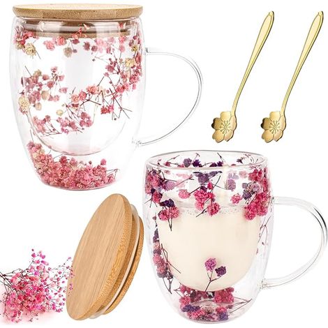 Tasse a Cafe Double Paroi avec Poignées, 350ml Verre Double Paroi avec Fleur Sèche, Tasse Cappuccino, Verre Latte Macchiato, Tasse Expresso Double Paroi avec Cuillère et Couvercle (1/5)