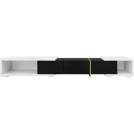 Meuble TV moderne extensible 140-260 cm avec finition marbre blanc, noir mat brillant et ornements dorés (1/5)