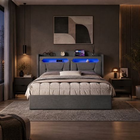 Plcnn - Lit coffre 140x190 gris lin - lit 140x190 avec tête de lit rangement - éclairage LED réglable - ports USB intégrés - lit double rembourré avec sommier (1/5)