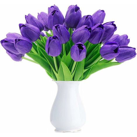 Artificial Tulip Fake Holland Mini Tulip Real Touch Flowers 24 Pcs for Wedding Decor DIY Home Party (Purple) (1/5)