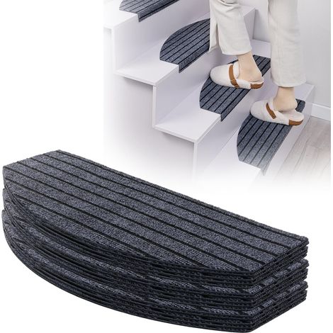 Lot de 15 tapis d'escalier intérieur antidérapants, 60 x 24 cm, en polyester, semi-circulaire, avec dos en TPE, autocollant, tapis d'escalier, pour enfants, personnes âgées et animaux (1/5)