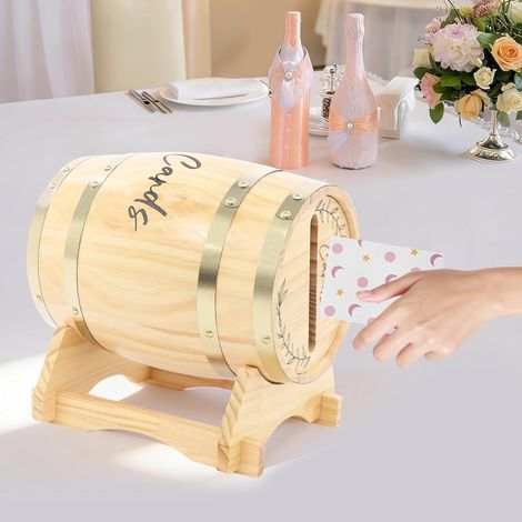 Boîte à cartes de mariage en forme de tonneau en bois de pin avec couvercle, couleur bois pour cartes de vœux, enveloppes et messages d'invités, 25 x 22,4 x 18,2 cm (1/5)