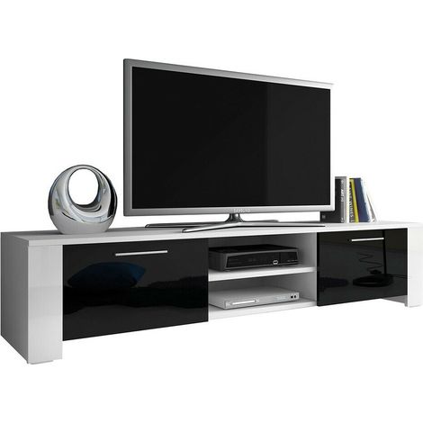 Mueble TV Uva II, Blanco + Negro brillante, Número de puertas: 2, Número de cajones: 0, 166x41x46cm, LED
