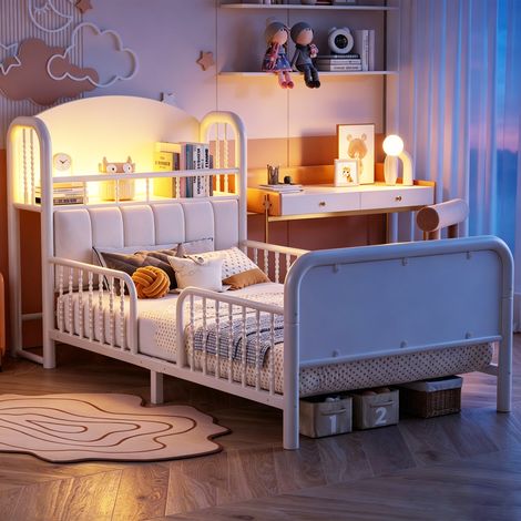 Lit enfant 90x200 cm en métal avec barrières de sécurité, tête de lit rembourrée avec rangement, bande LED multicolore, cadre de lit Blanc (1/5)
