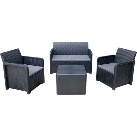 Salon bas de jardin de 4 personnes coloris gris anthracite ( 2 fauteuils, canapé, table basse coffre ) (1/5)