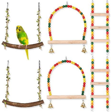 6 Pièces Perchoir Perroquet, Balançoire en Bois pour Perroquet avec Crochets, Jouets pour Oiseaux Accessoires pour Cage à Oiseaux pour Perruches et Petits Perroquets (1/5)