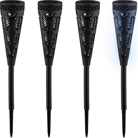 Relaxdays Solarlampe 4er Set, Fackel-Design, Gartenbeleuchtung mit Lichteffekt, H x D: 41 x 7 cm, mit Erdspieß, schwarz
