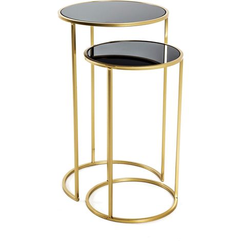 Table Basse Ronde, Table d'appoint avec Plateau en Verre, Lot de 2, métal doré et Noir, Verre trempé 5 mm - Dimensions : H 50/60 x Ø 30/35 cm Style : Glam (1/4)
