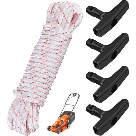 Corde de lanceur pour tondeuse à gazon, 10 mètres, Ø 4 mm, lanceur à rappel avec 4 poignées, corde de traction résistante à la déchirure pour débroussailleuses (1/5)