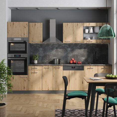 Mueble de cocina R-Line, Roble artesanal/antracita, 300 cm con armario alto, sin encimera, Vicco