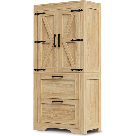 Credenza alta stile rustico con 2 cassetti e ripiani regolabili in MDF colore naturale (1/5)
