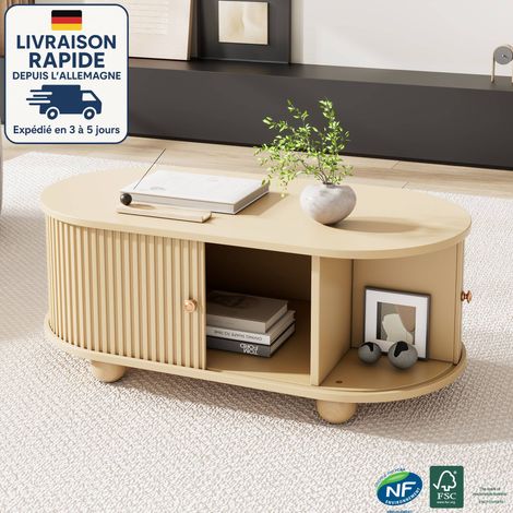 Tables basses fixes 100x50x40cm table de salon, porte coulissante, MDF, naturel (1/5)