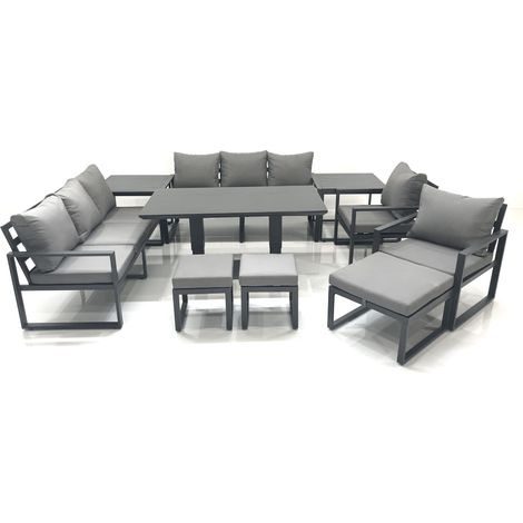 Fimous Garden Sofa Set Aluminium Furniture Rising Dining Tabe Set with 2 Chair 3 Footstools 2 Side Tables Dark Grey (1/5)