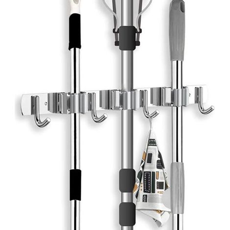 Porte-balai, pour perceuse murale, autocollant, en acier inoxydable, porte-outils, support mural, en métal, avec 3 supports et 4 crochets, porte-balai, porte-outils de jardin pour cuisine, placards, s (1/5)